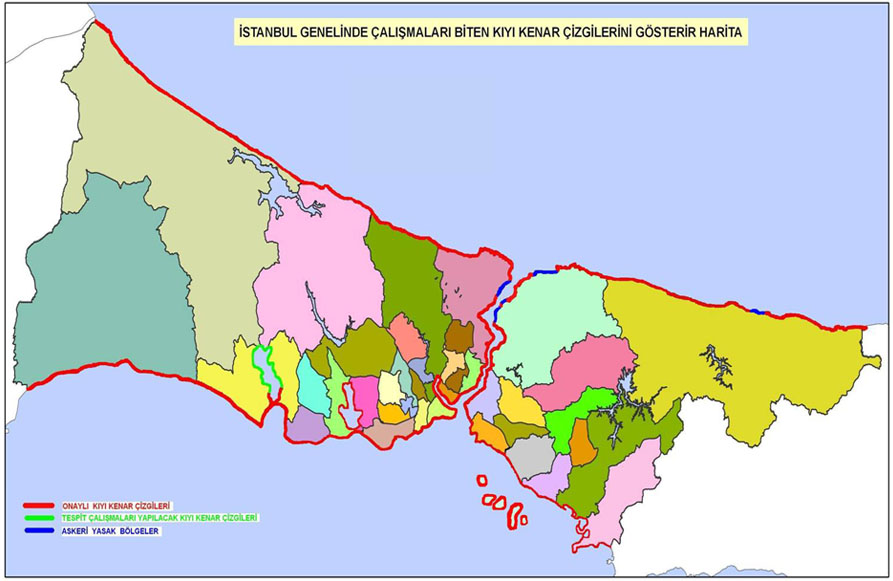 İstanbul Genelinde &Ccedil;alışmaları Biten Kıyı Kenar &Ccedil;izgilerini G&ouml;sterir Harita
